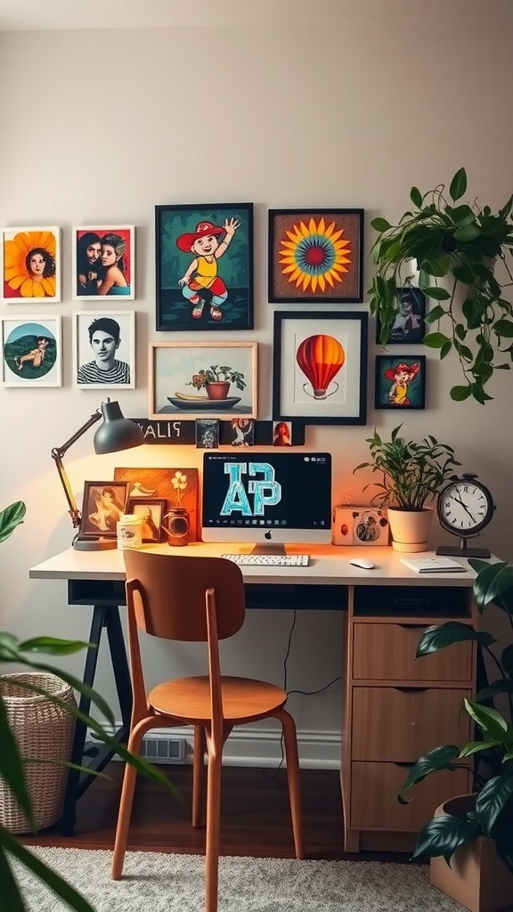 A cozy home office setup featuring a wooden desk with an Apple computer, surrounded by personal photos and colorful art on the walls, and greenery.