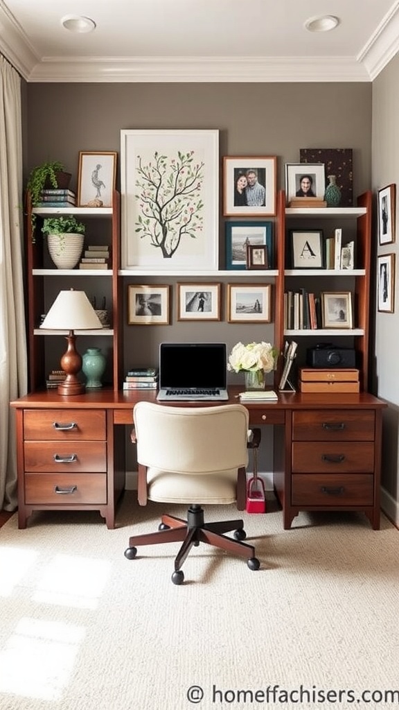 A beautifully arranged home office with a desk, comfortable chair, plants, and artwork on the walls.