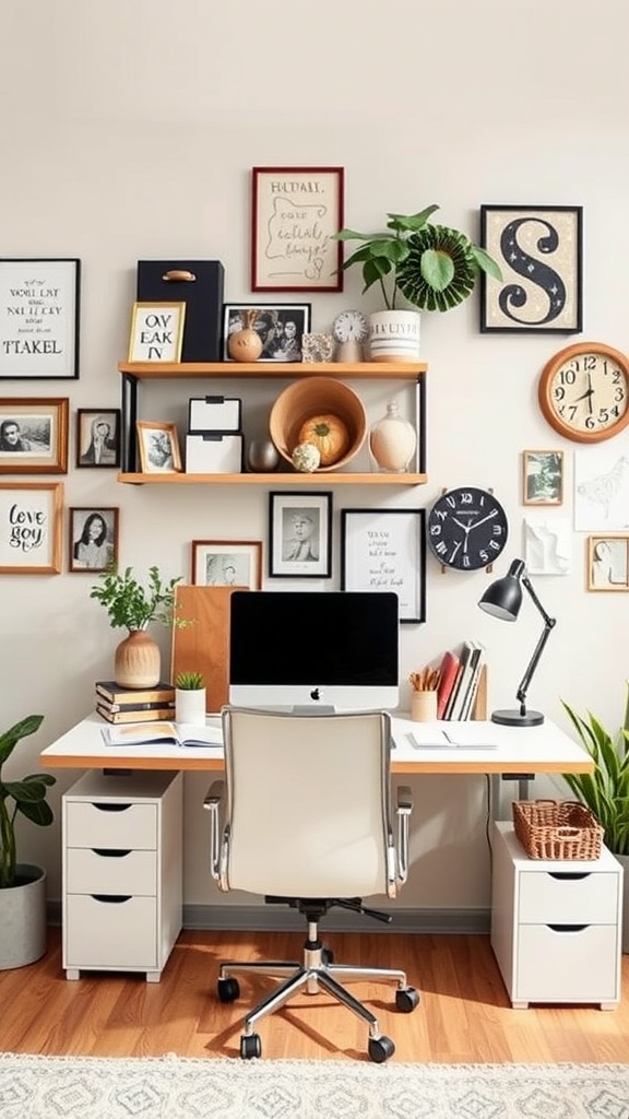 Stylish office setup with personalized decor, featuring a desk, framed pictures, plants, and storage solutions.