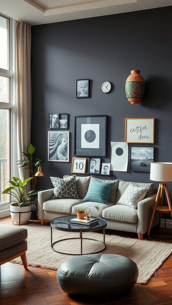 A stylish living room featuring a dark wall adorned with art, a cozy sofa, and a sleek coffee table.