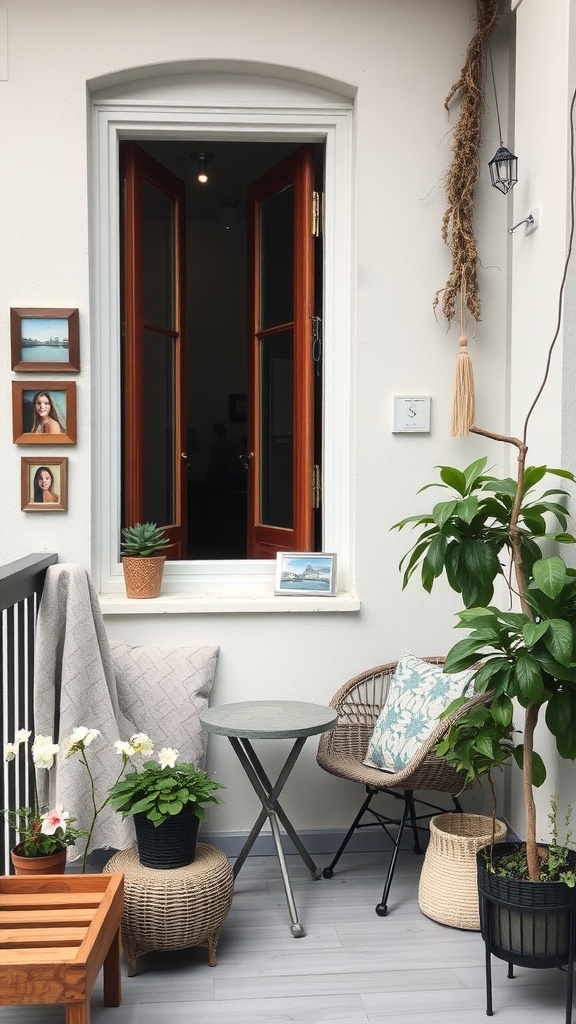 A small balcony with personalized decor including framed photos, plants, a cozy chair, and decorative elements.