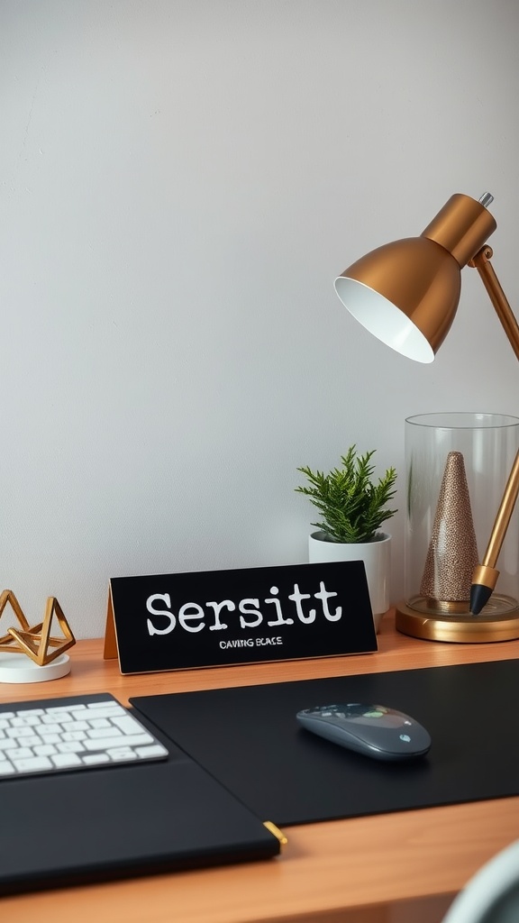 A stylish desk with personalized accessories, including a nameplate, lamp, and plant.