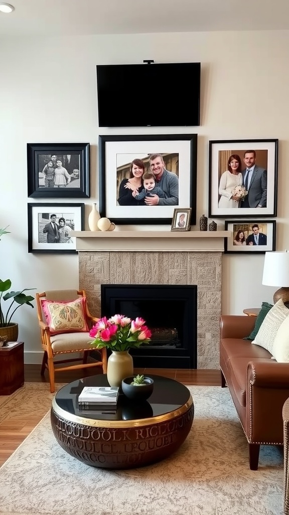 A living room with a family photo display above a modern TV stand, surrounded by plants and cozy furniture.