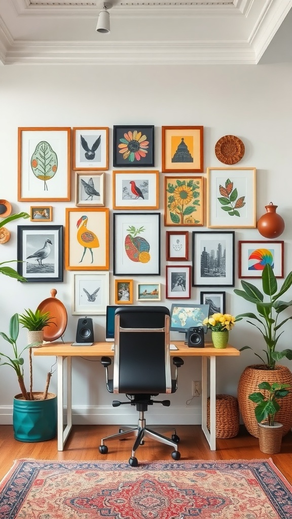 A boho home office with a personalized gallery wall featuring various framed artworks, plants, and a workspace.