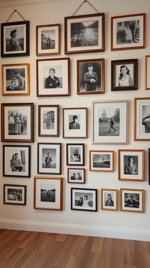 A collection of black-and-white photographs in various frames on a wall, showcasing a personalized gallery wall