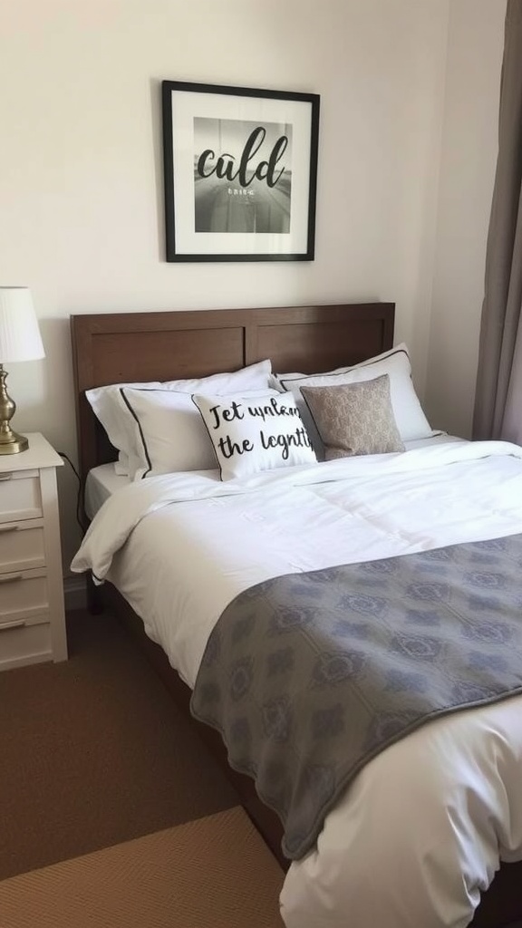 A cozy guest room featuring a neatly made bed with personalized bedding and decorative pillows.