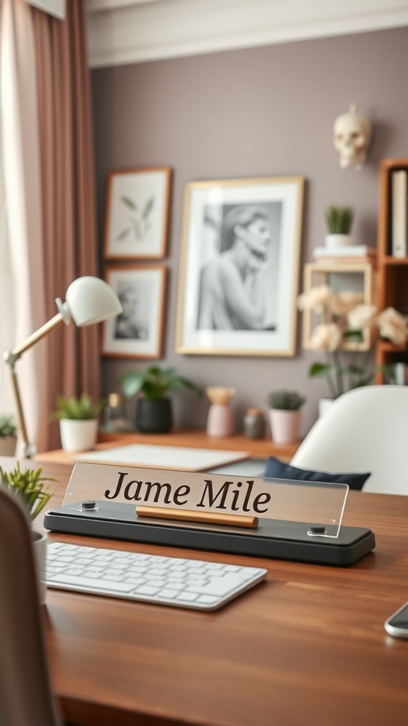A personalized name plate on a wooden desk in a cozy home office.