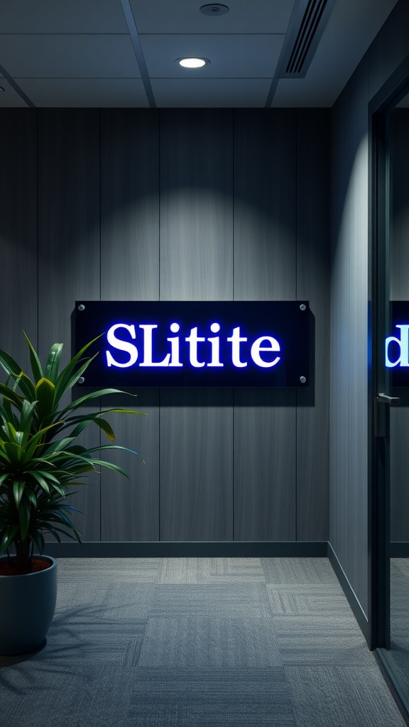 A personalized LED nameplate on a wall in an office setting