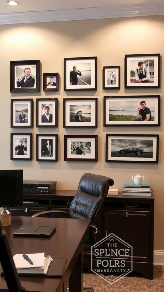 An organized gallery wall featuring a collection of framed photographs in a home office setting.