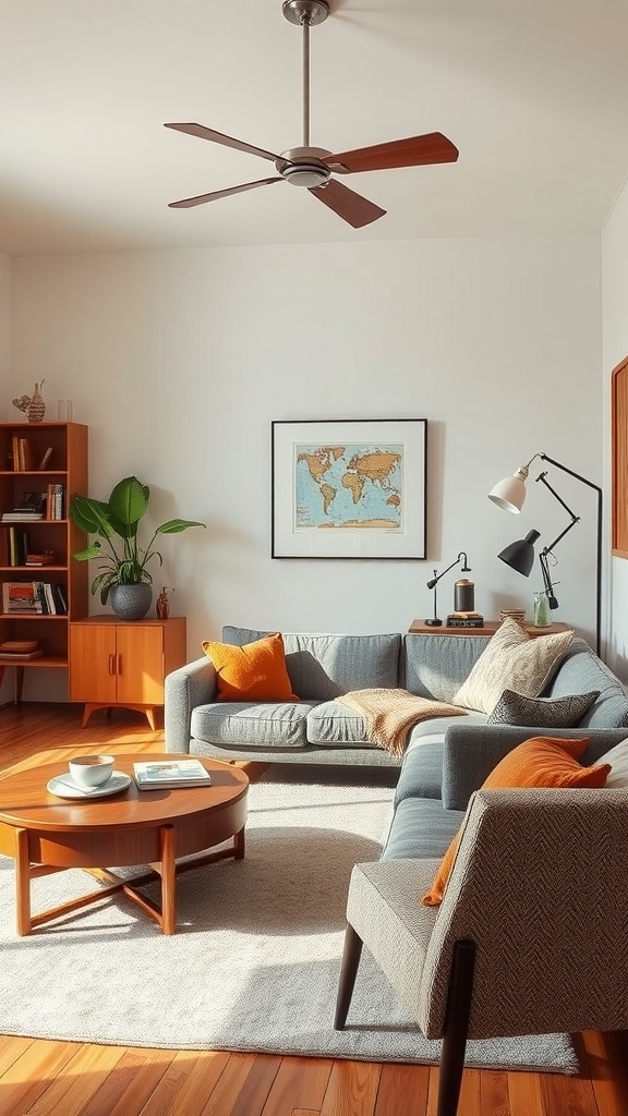 A cozy Mid-Century Modern living room featuring a gray sofa with orange cushions, a round wooden coffee table, and a framed world map on the wall.