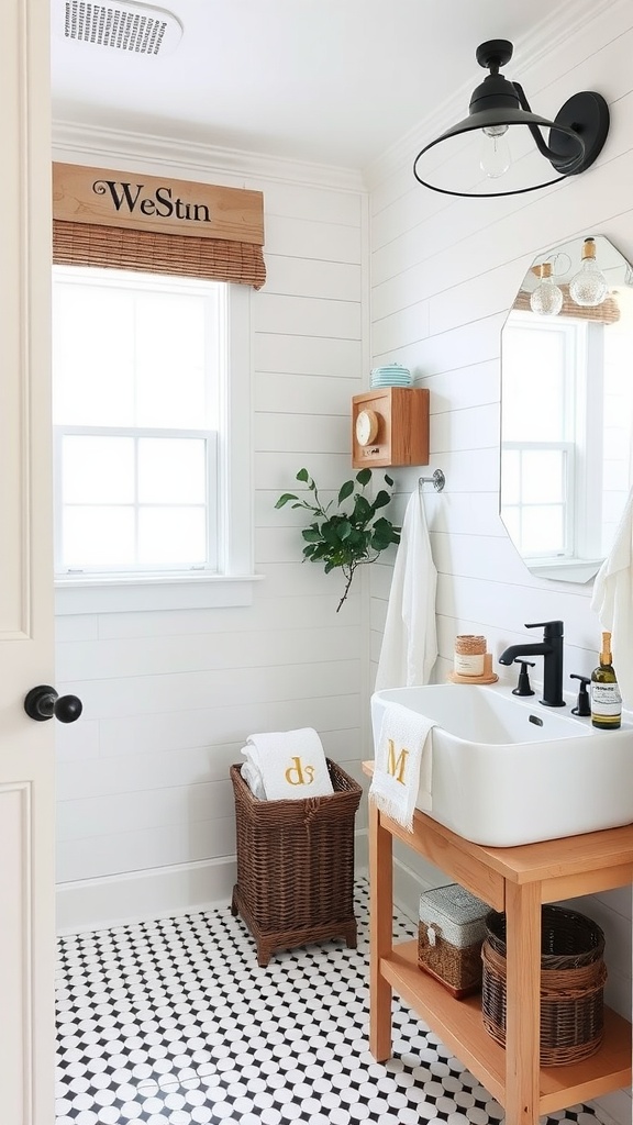 A cozy farmhouse bathroom with personalized touches, including a wooden sign, potted plant, monogrammed towels, and a stylish light fixture.