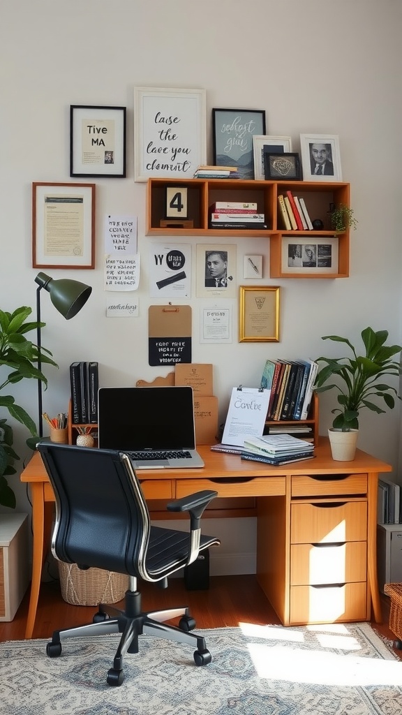 A minimalist home office setup featuring a desk with a laptop, framed art on the wall, and decorative shelving.