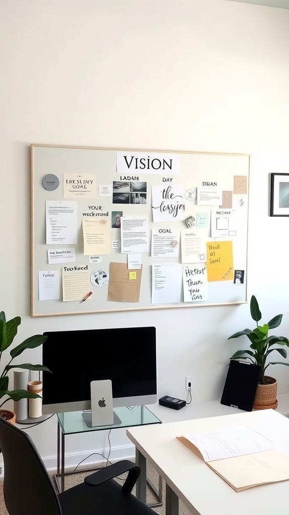 A vision board filled with notes and quotes in a feminine home office