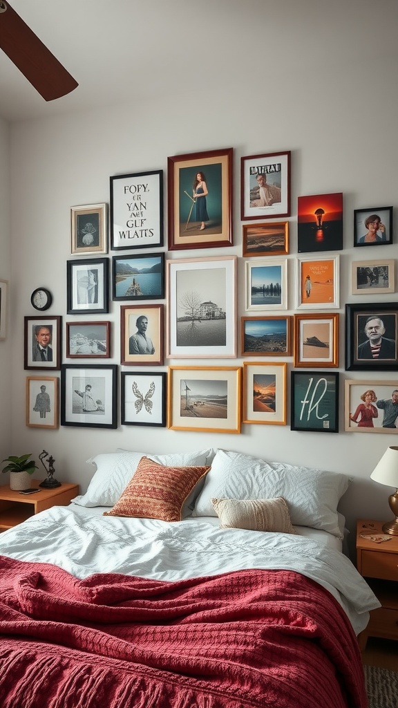 A cozy men's bedroom with a personalized wall art gallery above the bed, featuring various framed artworks and photographs.