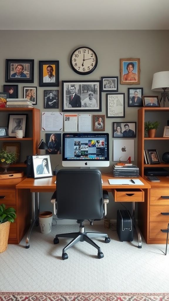 A personalized workspace featuring family photos on the wall and a modern desk setup.