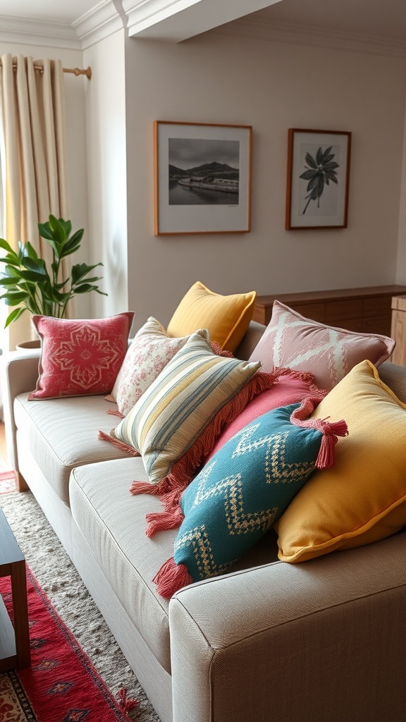 A cozy sofa with decorative pillows in various colors and patterns