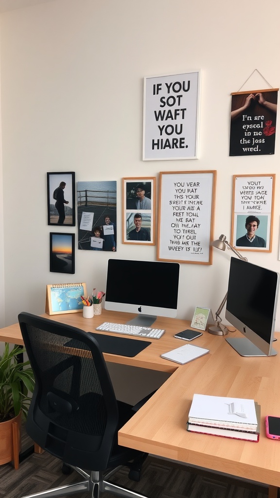 A personalized home office featuring a desk with two monitors, framed artwork, and a plant.