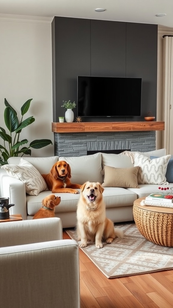 A cozy living room featuring two dogs, one in a pet bed and the other sitting on the floor, surrounded by plants and comfortable furniture.