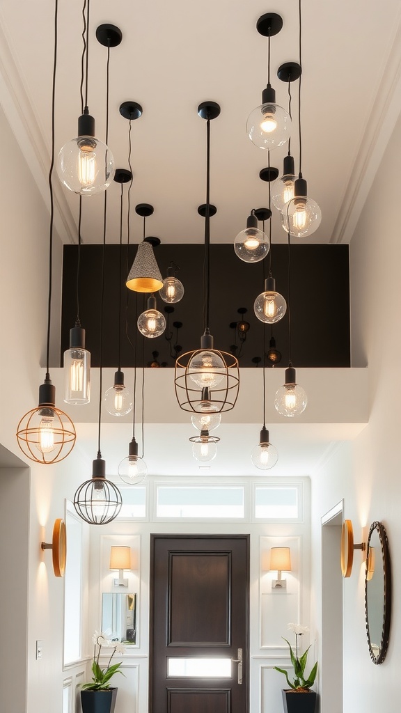 A modern foyer with various pendant lights hanging from the ceiling, showcasing different designs and styles.
