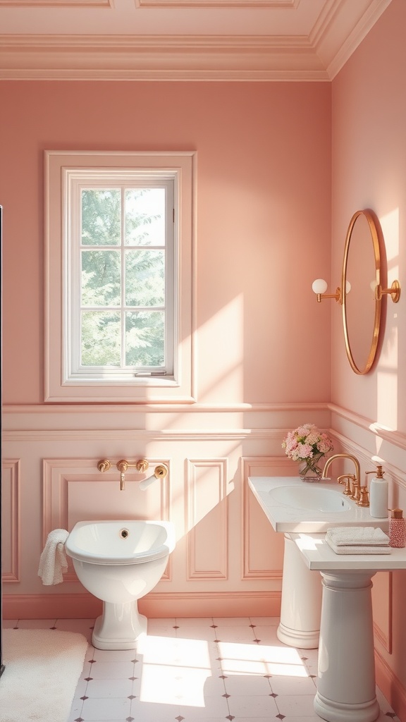 A bright and cozy bathroom with pink-brown walls, white fixtures, and golden accents.