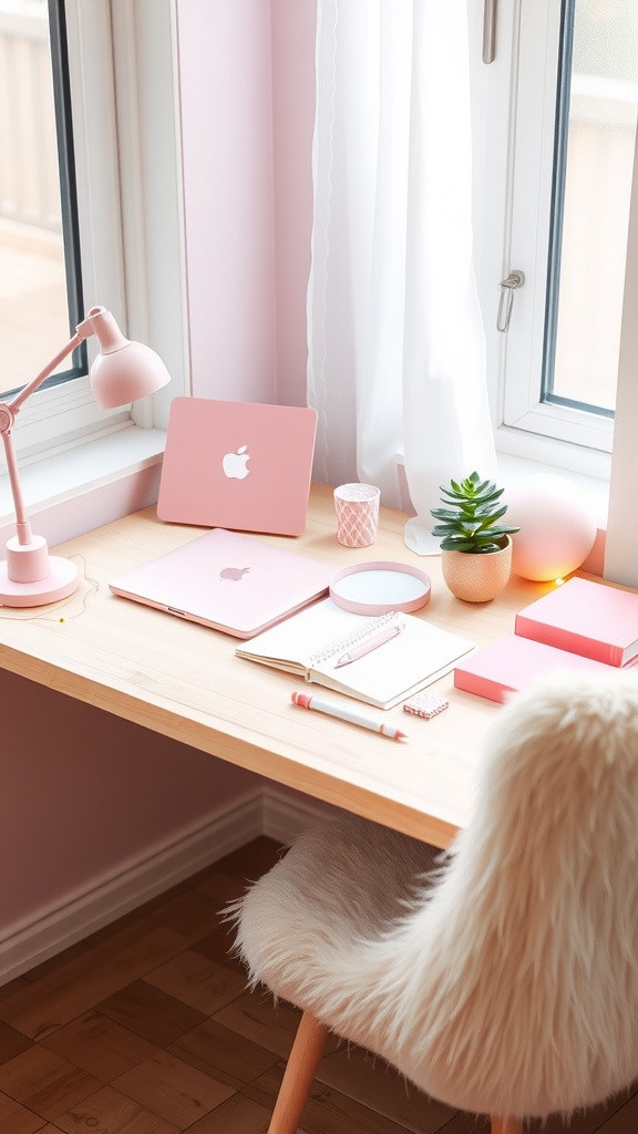 A cozy pink-themed desk setup featuring a pink laptop, desk lamp, and decorative items by a window.