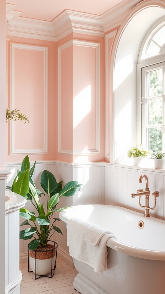 Elegant bathroom featuring light pink walls, white trim, a freestanding bathtub, and green plants.