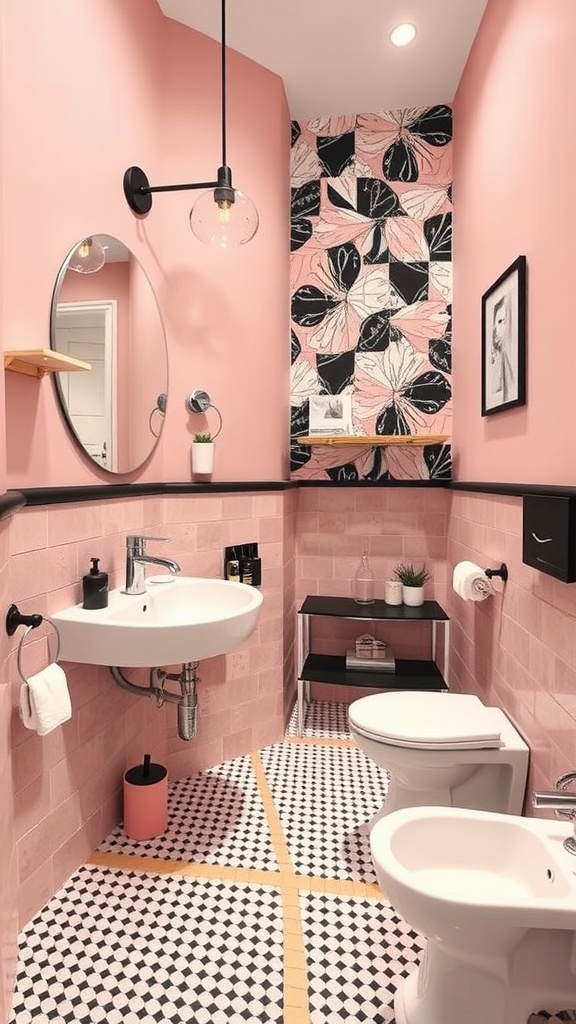 A stylish bathroom featuring pink walls, black accents, and patterned wallpaper.