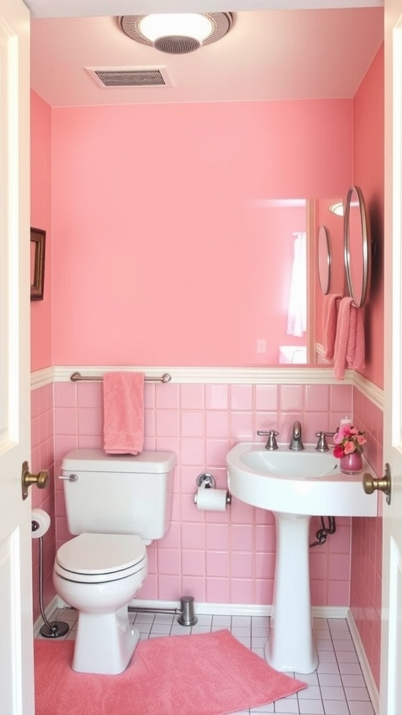 A bathroom painted in bright pink with matching towels and decor.