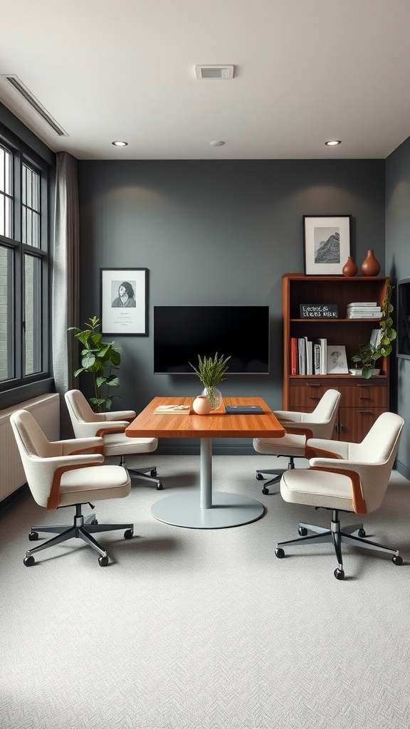 A small conference table in a cozy home office with stylish chairs and a potted plant.