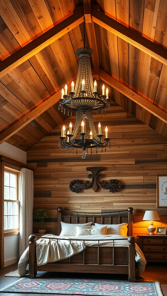 A rustic bedroom with a wooden planked ceiling and a chandelier, featuring a cozy bed and warm lighting.