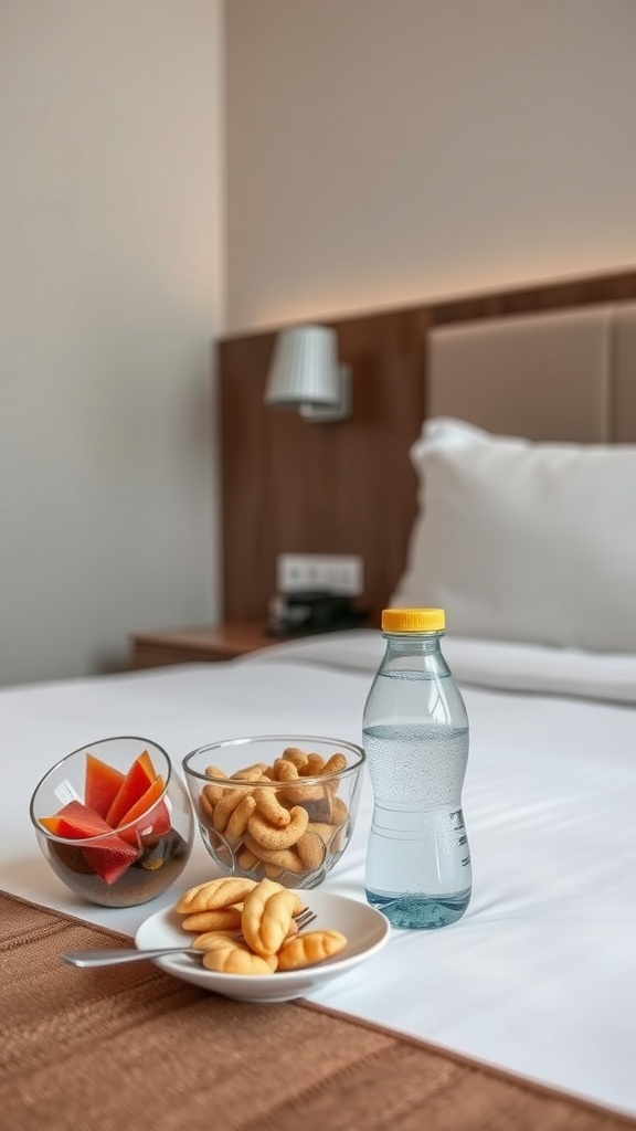 A well-prepared guest bedroom with snacks, fruits, and water on the bed.