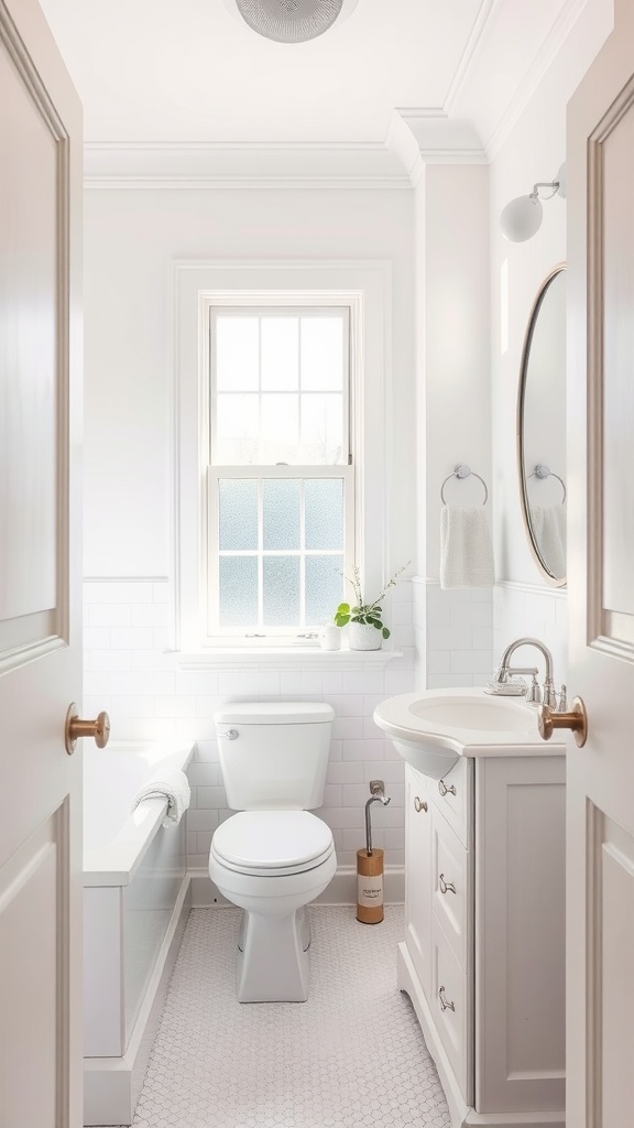 A bright and airy small bathroom featuring white walls, a white toilet, and a white vanity with natural light coming through a window.