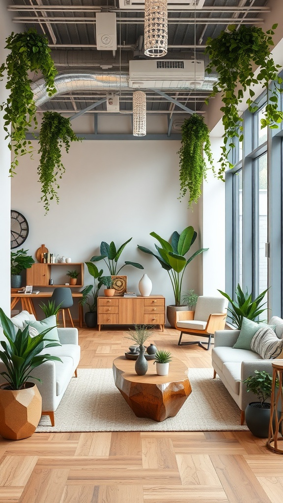 A modern office space with organic shapes, plants, and wooden furniture