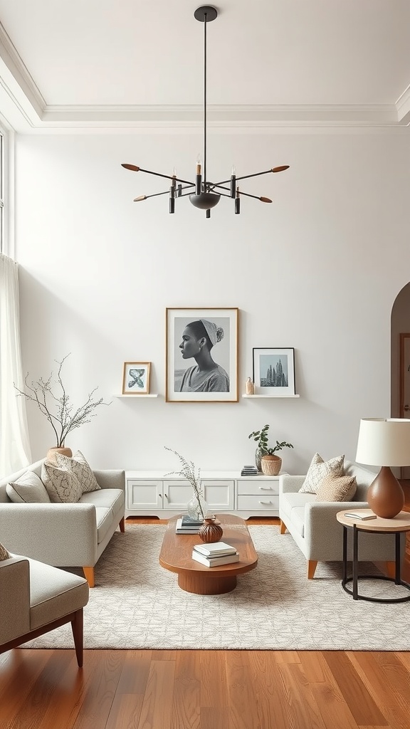 A well-decorated Mid-Century Modern living room featuring symmetrical sofas and an asymmetrical coffee table, complemented by stylish artwork and a unique light fixture.