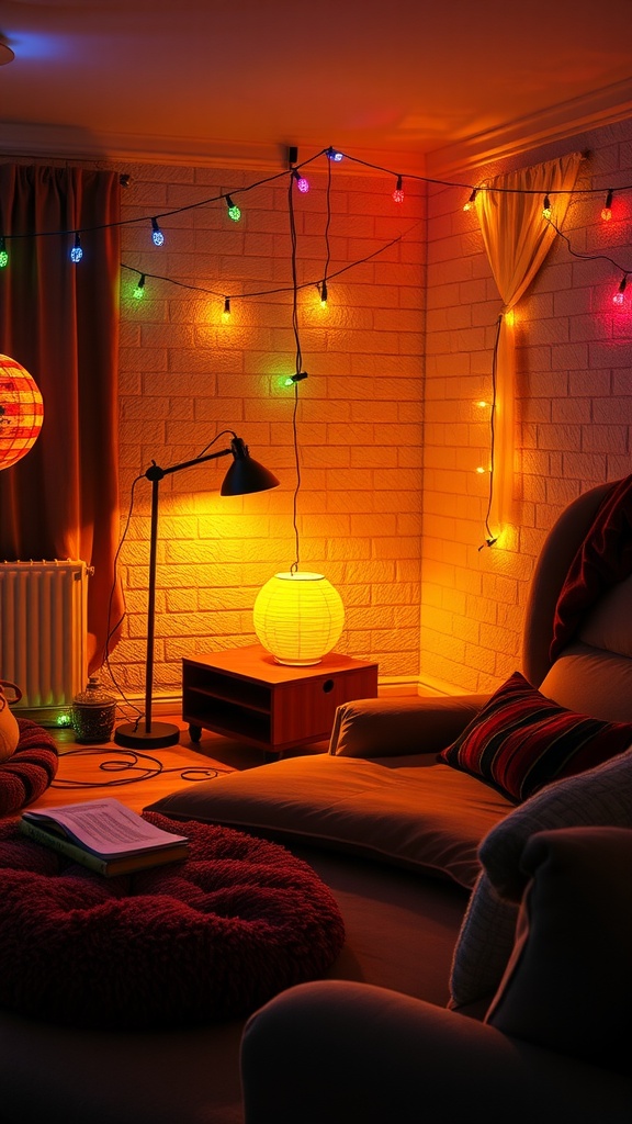 A cozy living room illuminated with colorful string lights and warm lamps, creating a playful and inviting atmosphere.