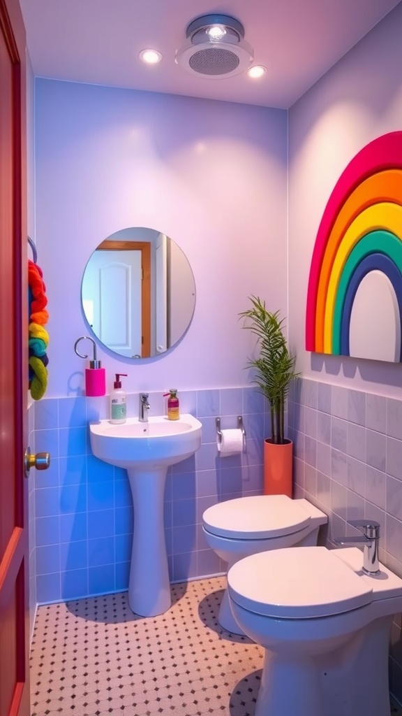 A vibrant bathroom featuring a rainbow wall art, soft blue walls, and colorful accents.