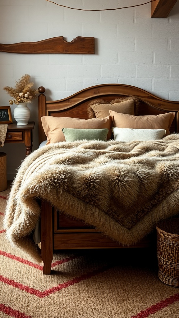 A rustic bedroom featuring a wooden bed with plush faux fur throw blankets and decorative pillows