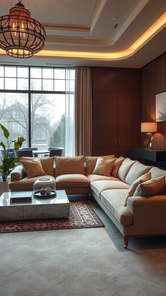 A cozy living room featuring a plush beige sectional sofa, accent pillows, and a stylish coffee table on a patterned rug.