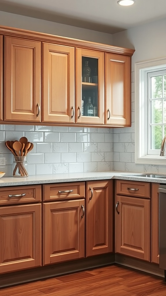 Kitchen cabinets with a smooth wood finish, showcasing a polyurethane coat.