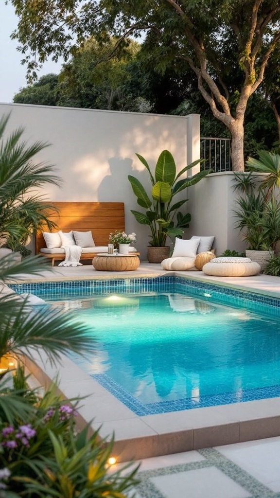 A small pool with built-in seating surrounded by greenery and a cozy lounge chair.