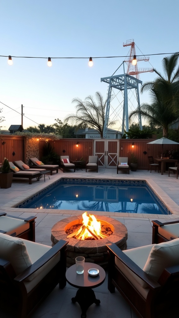 A poolside lounge with a fire pit, wooden chairs, and ambient lighting.