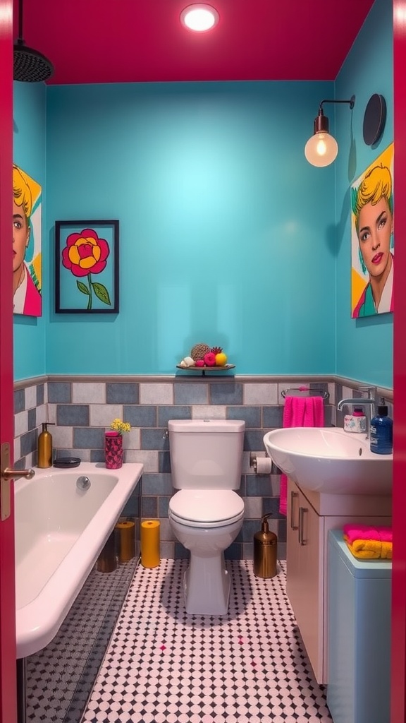 A colorful pop art themed bathroom with turquoise walls, pink ceiling, and vibrant decorations.