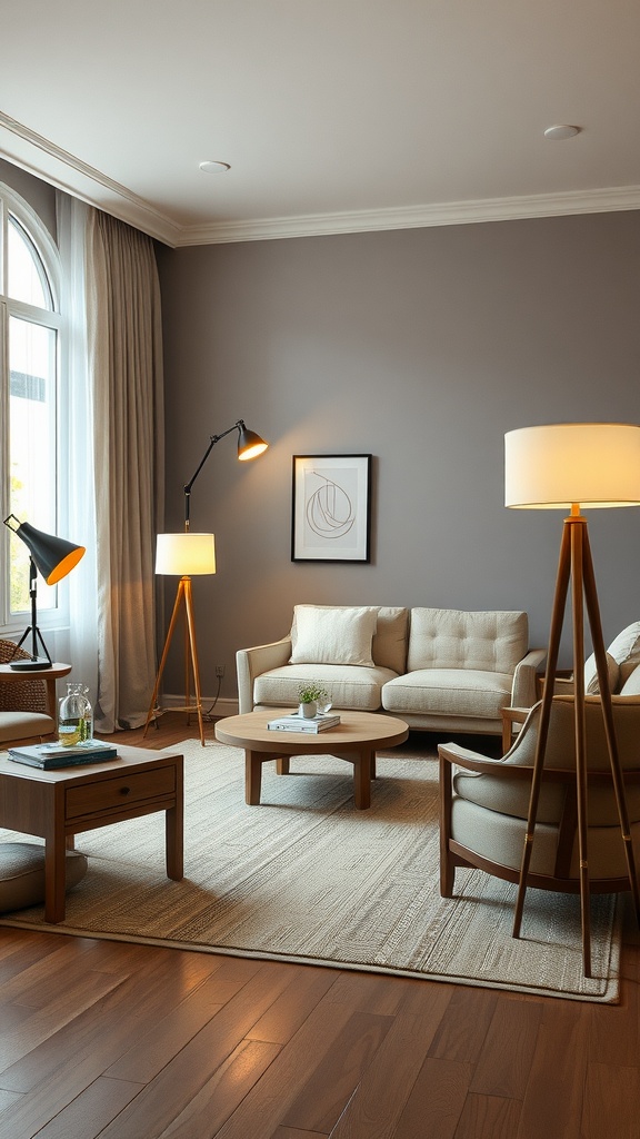 A cozy living room with two portable floor lamps, offering ambient lighting.