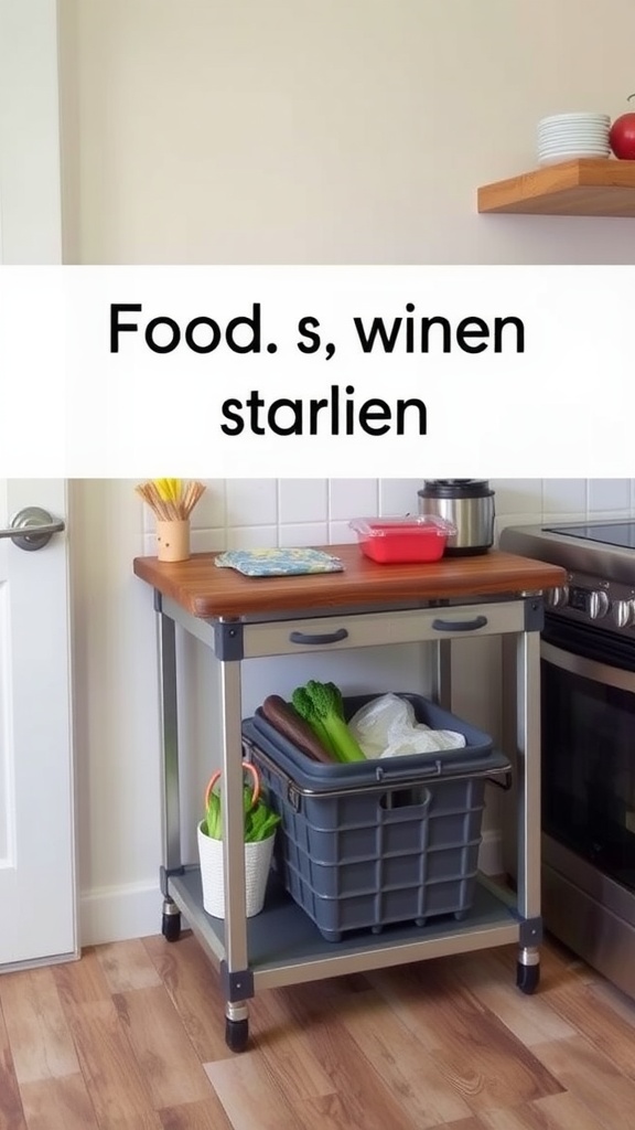 A portable food prep station with a wooden top, storage cart, and organized vegetables in a basket.