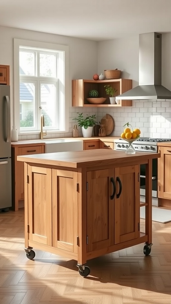 A portable wooden kitchen island with wheels and a breakfast bar setup.