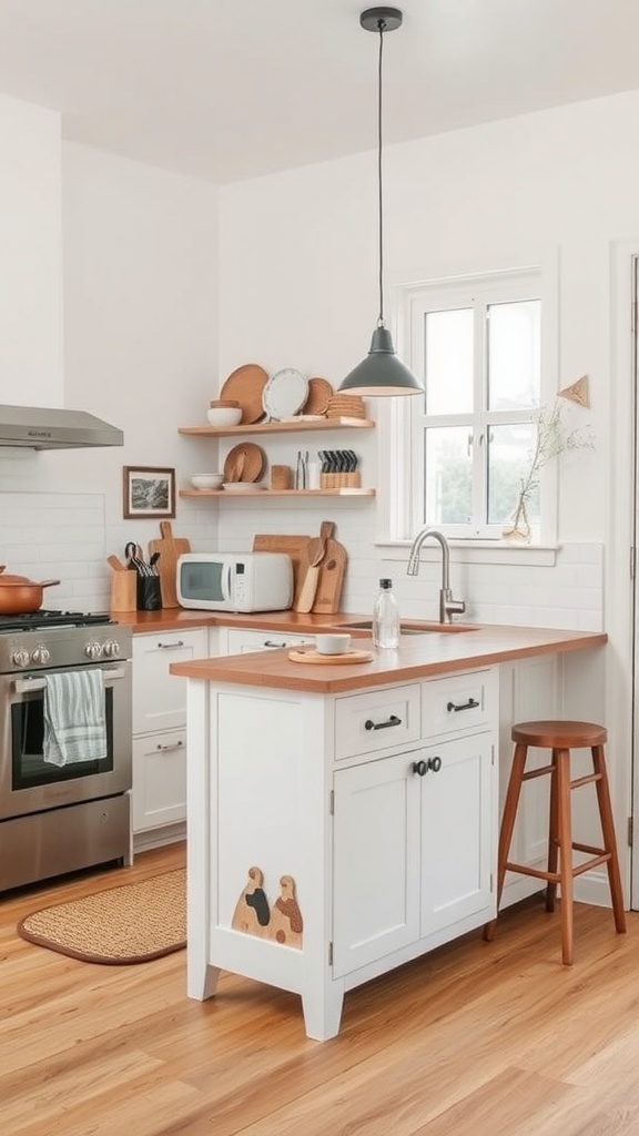 A small kitchen featuring a portable kitchen island with a wooden countertop and white cabinets, surrounded by modern appliances and decor.