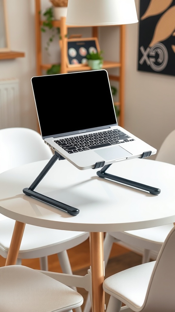 A portable laptop stand set on a round wooden table in a cozy home office setting with natural light and a plant.