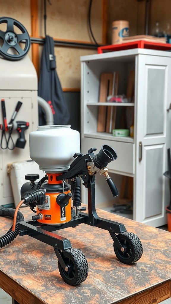 A portable paint sprayer on a workbench in a workshop, featuring wheels for easy mobility.