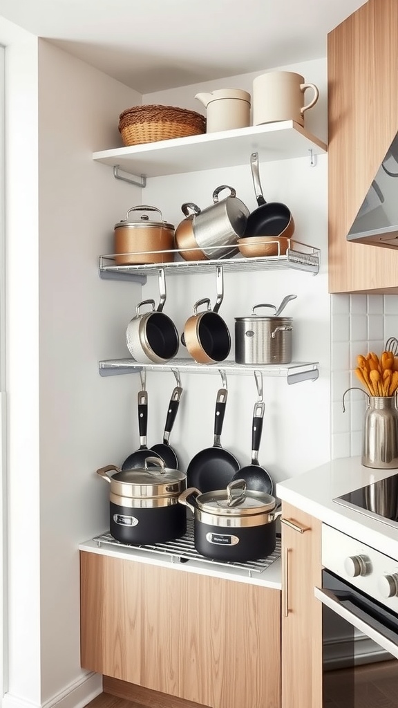 Organized pots and pans in a small apartment kitchen with a stylish arrangement.
