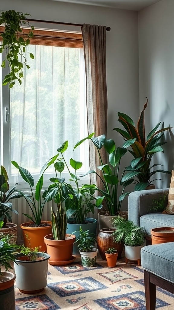 A cozy living room filled with various potted indoor plants, featuring a mix of sizes and styles of pots.